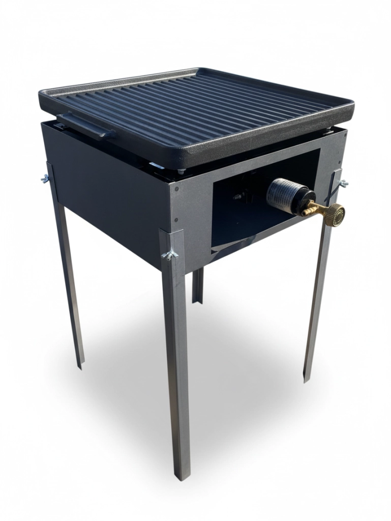 Supporto in Ferro per Fornellone a Gas 41x41x63,5 cm con Fornellone e Bistecchiera in ghisa 40x40 cm bifacciale
