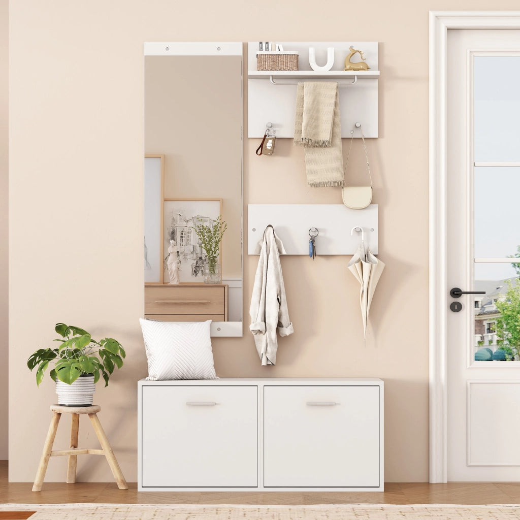 Mobile da ingresso con specchio, 6 ganci e scarpiera a 4 ripiani per ingresso e corridoio, bianco, 90 × 30 × 41.5 cm