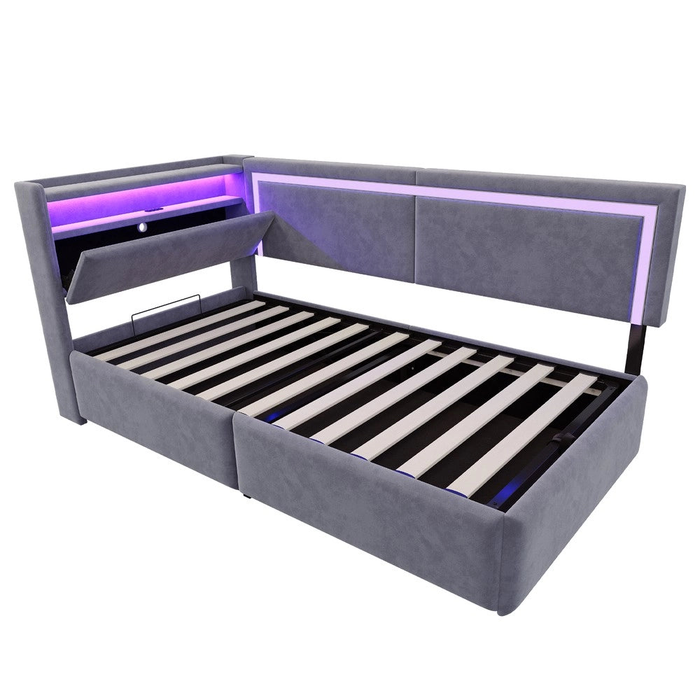 Letto Imbottito Contenitore con LED ¨C MINIMAL ¨C Velluto Grigio Scuro 90x200