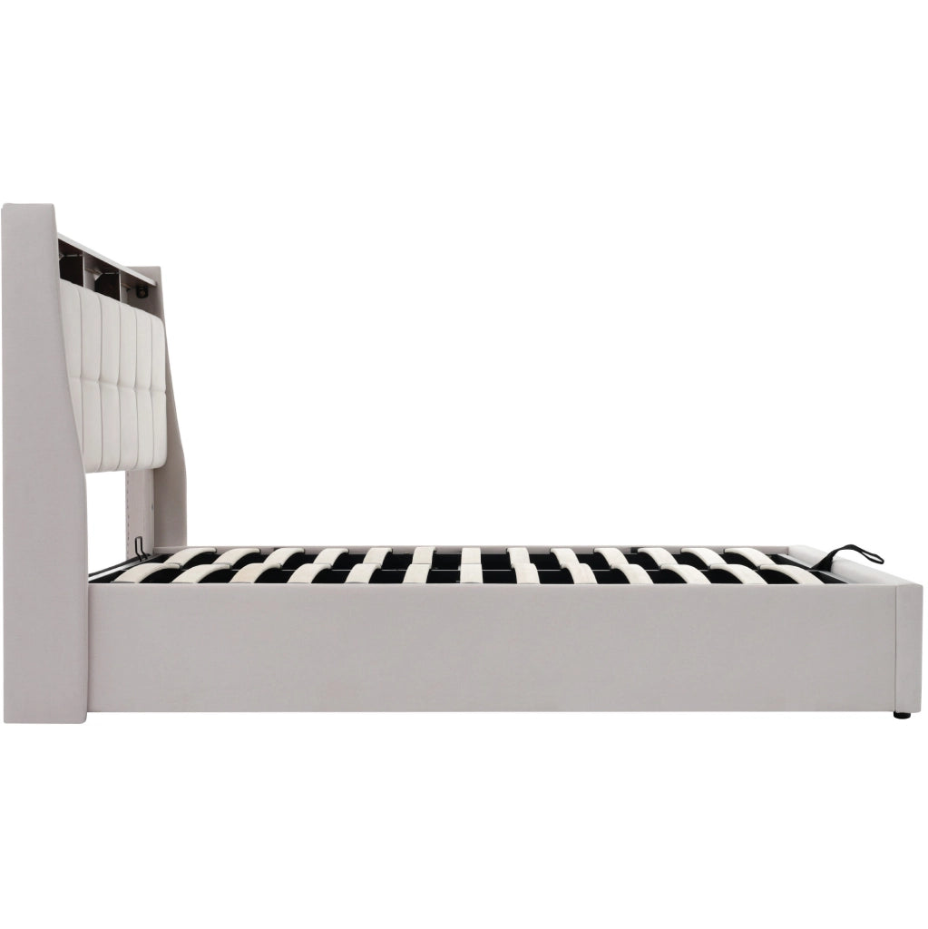 Letto imbottito 140x200 cm con LED, USB e contenitore in lino beige