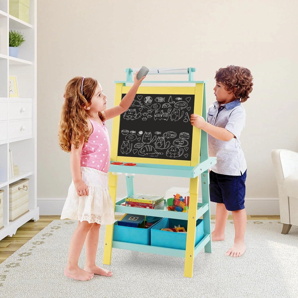 3 in 1 Cavalletto per Bambini con Doppia Faccia, Cavalletto per Disegno con 2 Vassoi e 2 Scatole, Lavagna Bambini in Legno (Verde)
