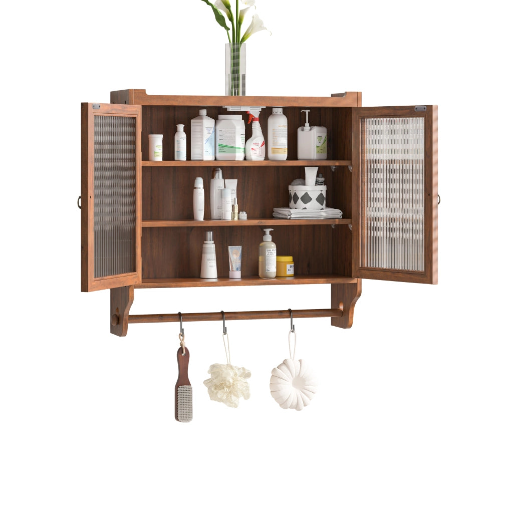 Mobile pensile vintage in legno e vetro marrone, con ante doppie, 3 ripiani e mensola porta asciugamani, 63 x 60 x 18 cm