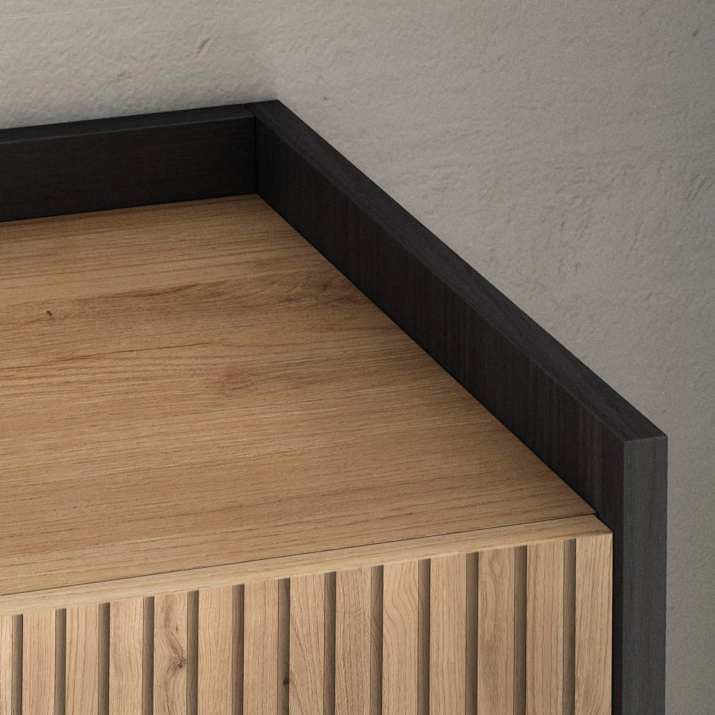 Mobile TV Soggiorno, 315x50x35 cm, Per TV fino a 80", Camino elettrico XXL, Sospeso, da appendere, Led, Rovere e nero