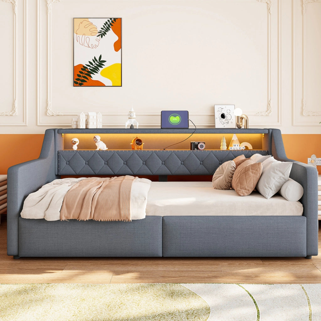 Daybed 90 x 200 cm con vano contenitore idraulico; LED; USB e USB-C; lino e MDF grigio