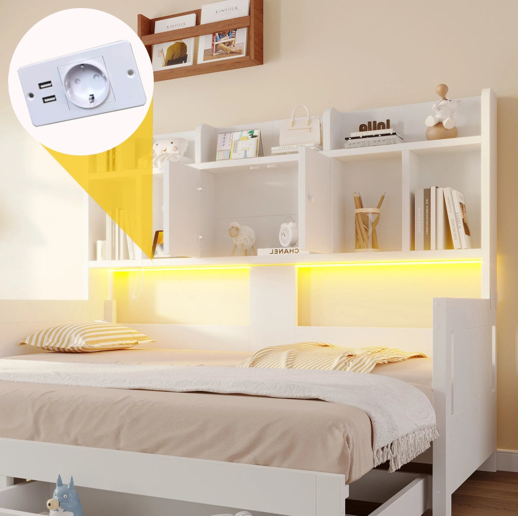 Divano letto estraibile 90x190/180x190 cm con cassetti e LED bianco