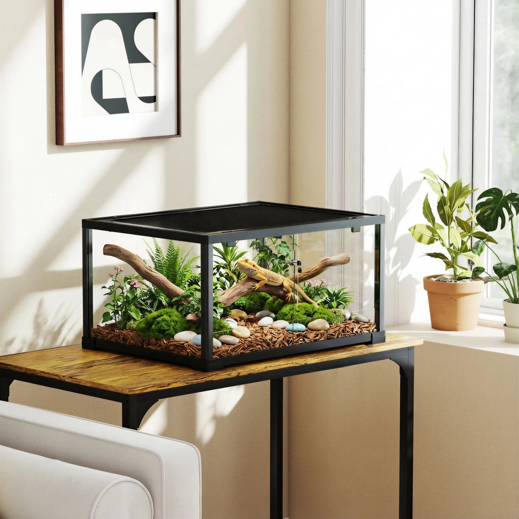 Terrario in Vetro per Rettili e Criceti 86 L con Ventilazione Superiore e Porta Scorrevole 50,8x30,5x35,6 cm Nero