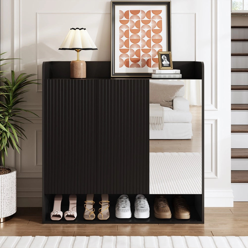 Scarpiera con Specchio Ingresso ¨C MINIMAL ¨C Nero, Ripiani Multipli
