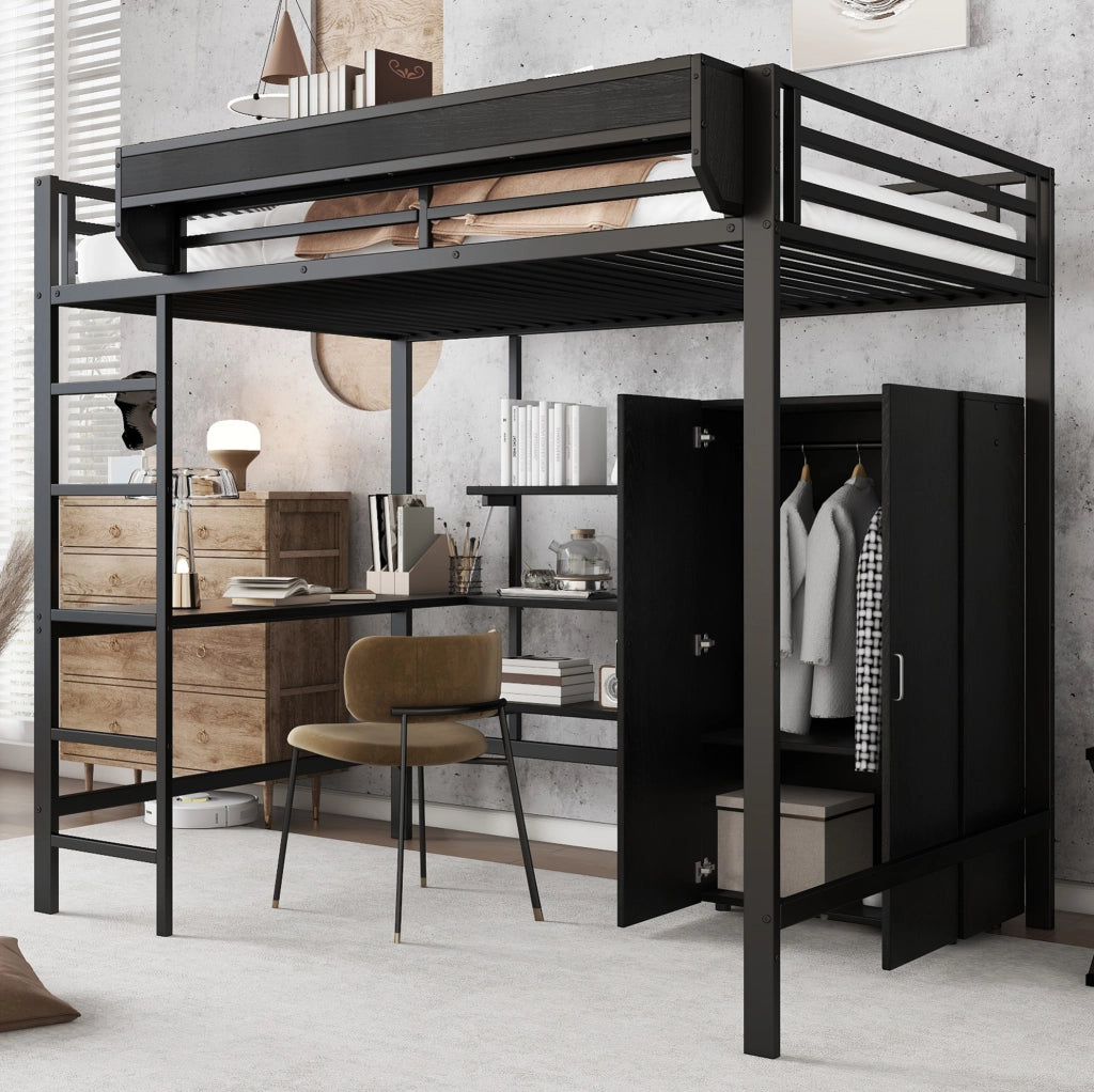LETTO A CASTELLO 140x200 cm Nero in MDF e Metallo con scrivania e armadio