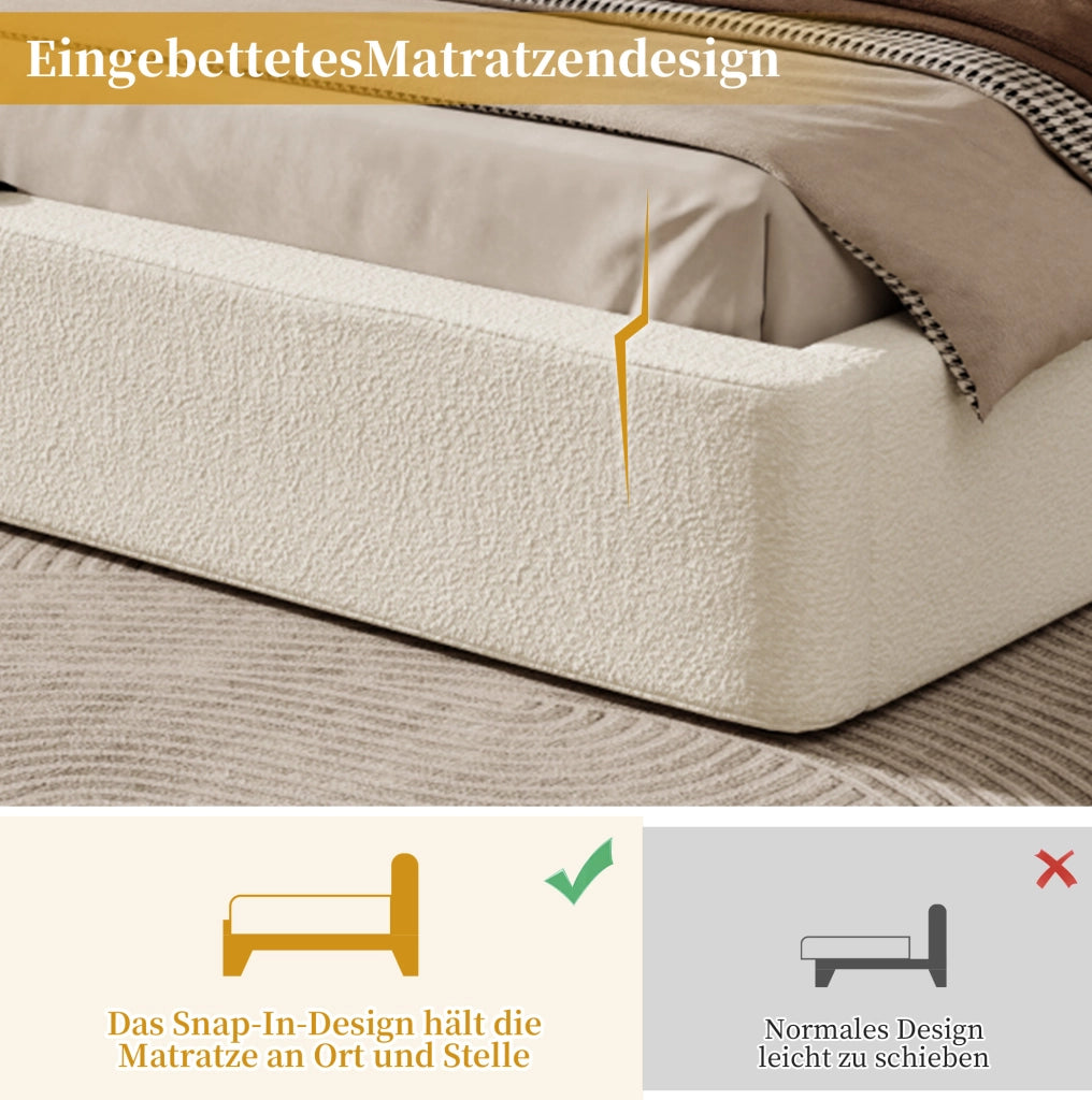 Letto imbottito in bouclé beige con rete a doghe; 223 × 200 × 98.5 cm
