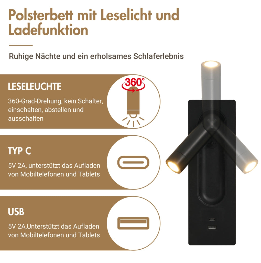 Letto matrimoniale 180x200 beige con luce, USB-C e contenitore