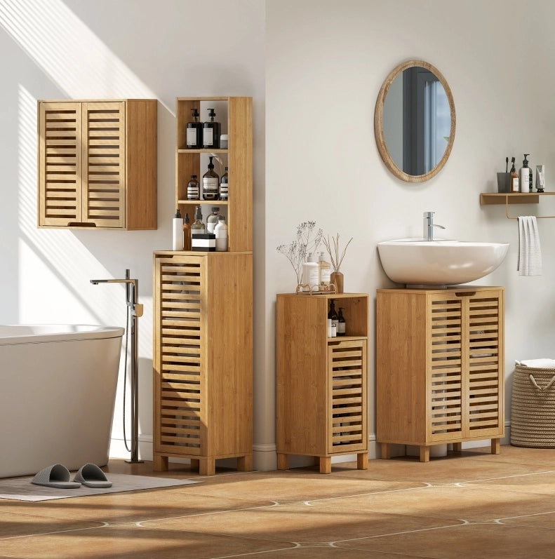 Mobile bagno in bambù naturale con ante a lamelle, ripiani regolabili, 60x30x80 cm