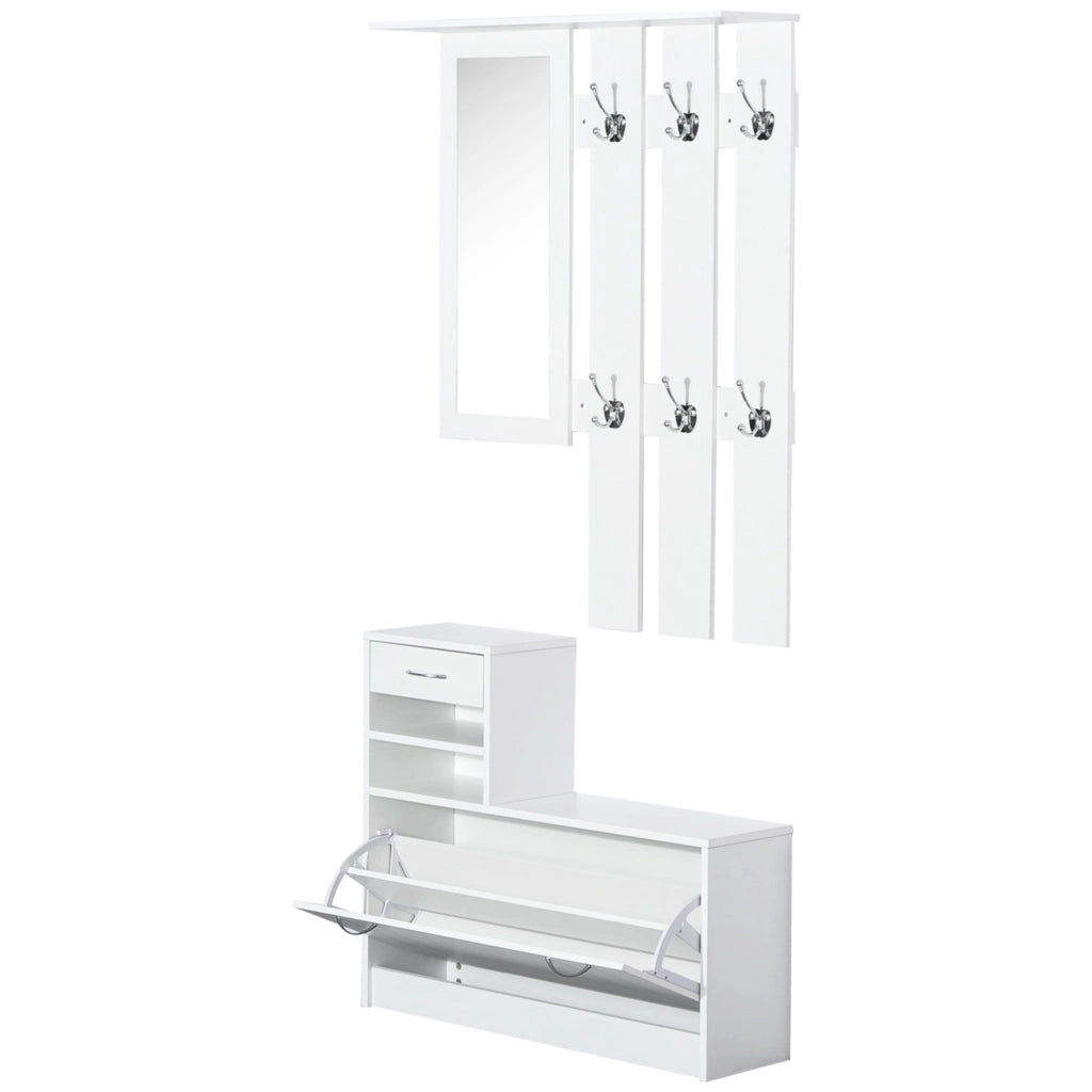 Set Mobili Ingresso Moderno con Scarpiera e Specchio, Appendiabiti da Ingresso con 6 Ganci, 2 Ripiani Regolabili e Cassetti in Legno per Corridoio, 90x24x166 cm, Bianco