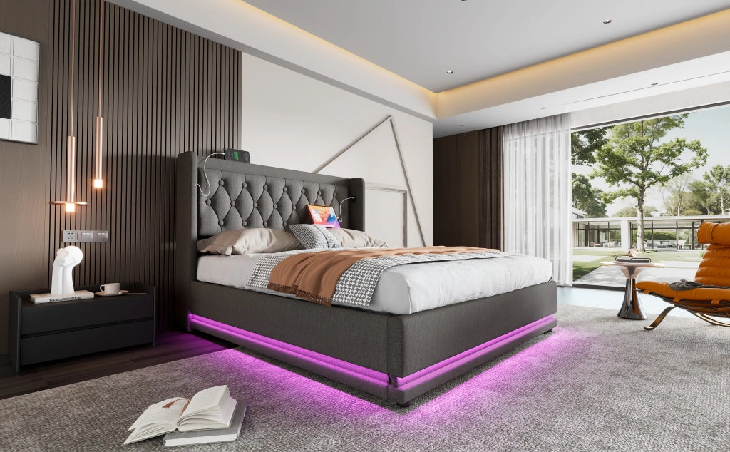 Letto matrimoniale imbottito 180x200 cm, grigio, cotone, con vano contenitore idraulico, testiera imbottita con ricarica USB-C e LED su 3 lati (senza materasso)