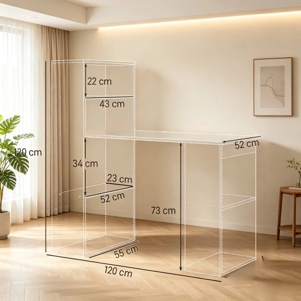 Scrivania con 3 vani e 2 ripiani, per studio, in truciolare, 120x55x120 cm, bianco