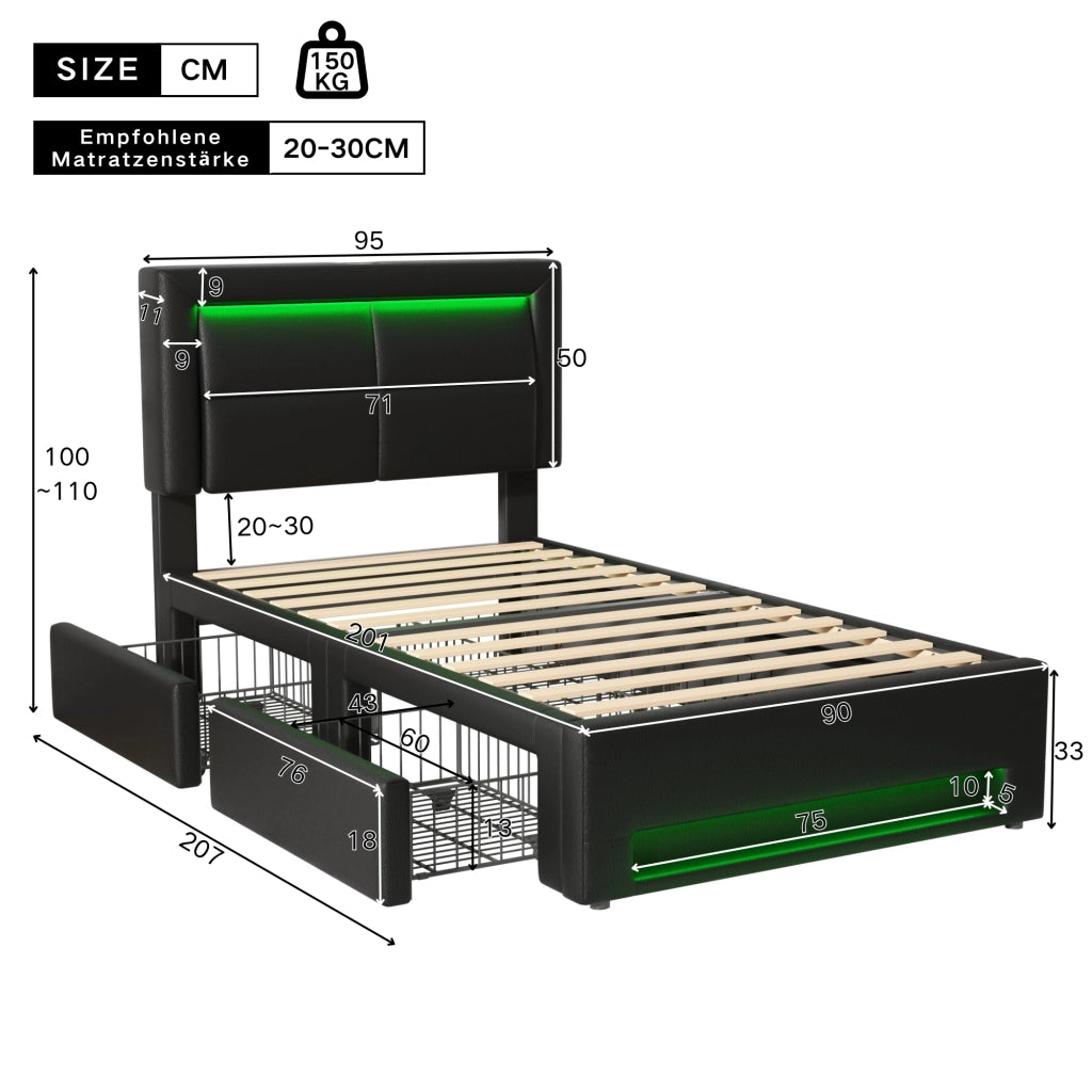 Letto Singolo 90 x 200 cm con USB; LED e 4 Cassetti in PU Nero