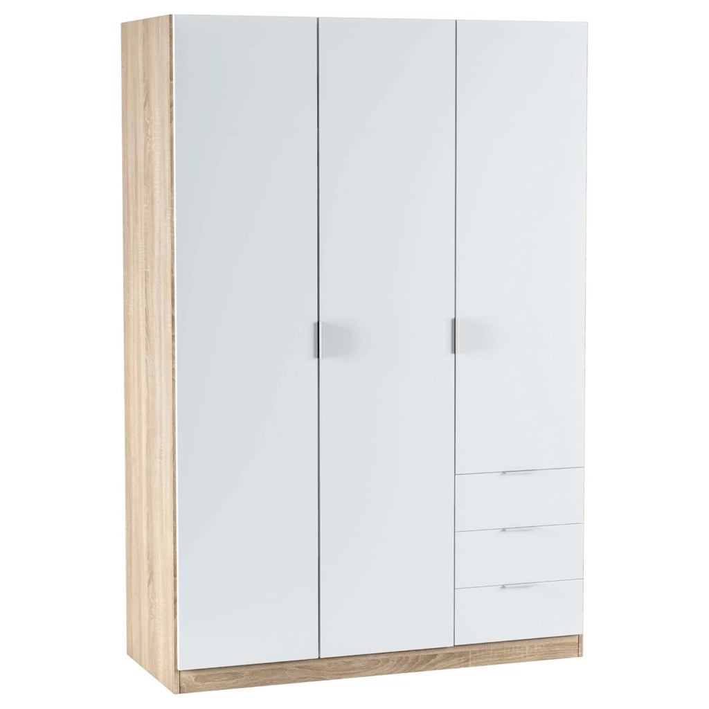 Armadio Guardaroba 3 Ante Con Asta Appendiabiti 3 Ripiani E 3 Cassetti Design Moderno Stile Nordico Salvaspazio Camera Da Letto Ospiti Multifunzione 121 x 52 x 180 Cm Bianco E Rovere