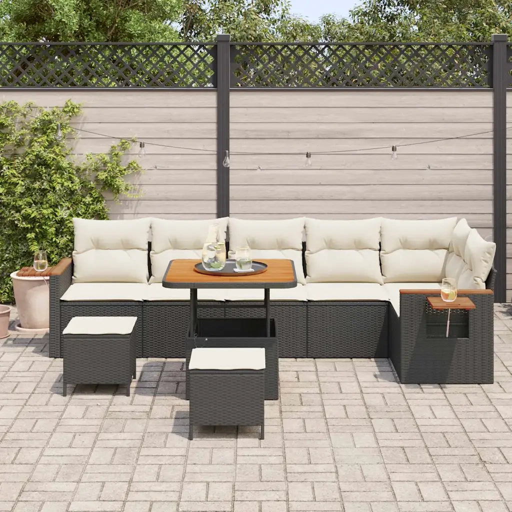 Set Divano da Giardino 11 pcs Nero e Crema polyrattan