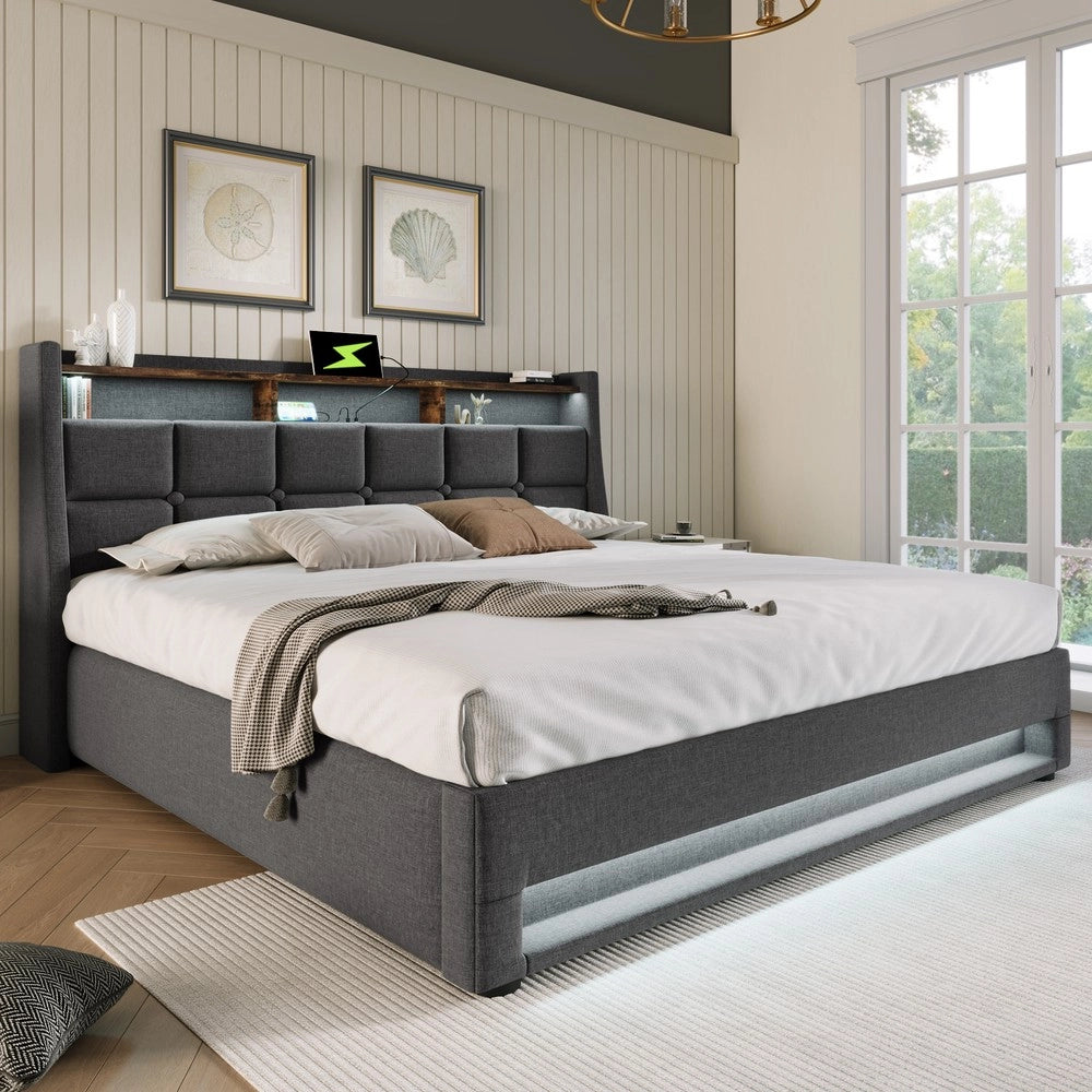 Letto Imbottito Matrimoniale con LED e Rete a Doghe ¨C MINIMAL ¨C Tessuto Lino 180x200