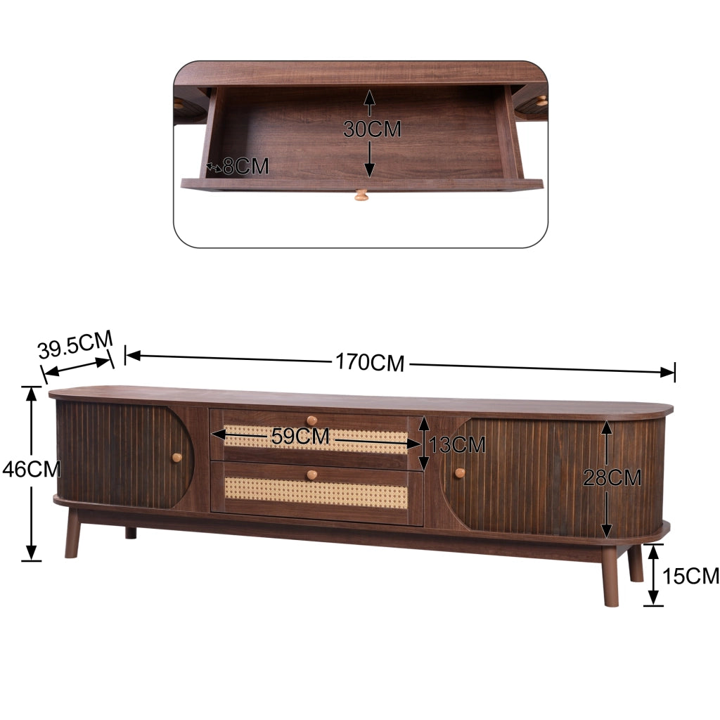 Mobile TV in MDF con ante in legno e cassetti in rattan, 170 x 46 x 39,5 cm, colore legno naturale