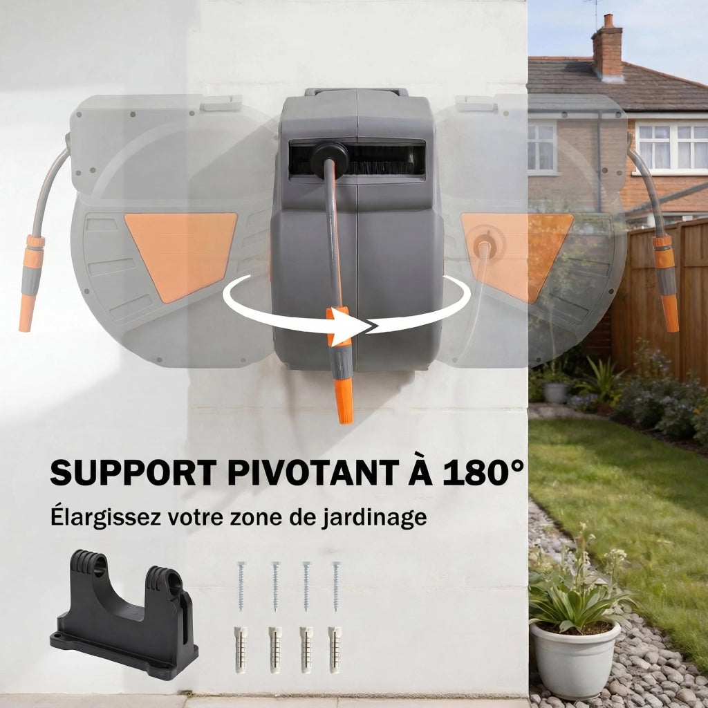 Enrouleur Tuyau Arrosage Mural 40+2 m x Ø 15mm, Dévidoir de Tuyaux d'Eau Rétractable Automatique Pivotant à 180°, Orange