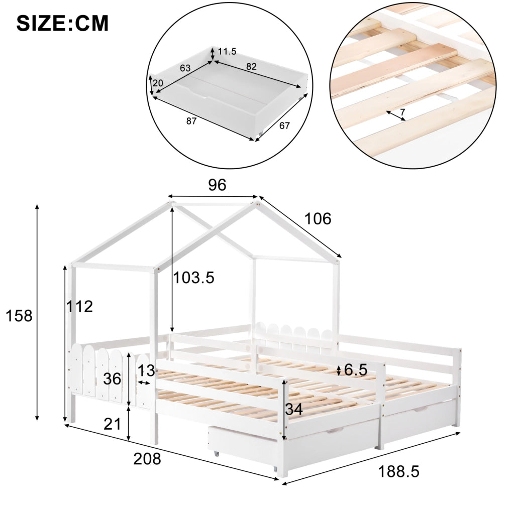 Letto a casetta doppio 200x90 cm bianco con 2 cassetti MDF