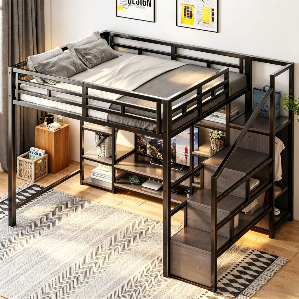 Letto mezzanino nero 140x200 mobile TV presa a presa scala sicura metallo + legno letto a castello con riporzione