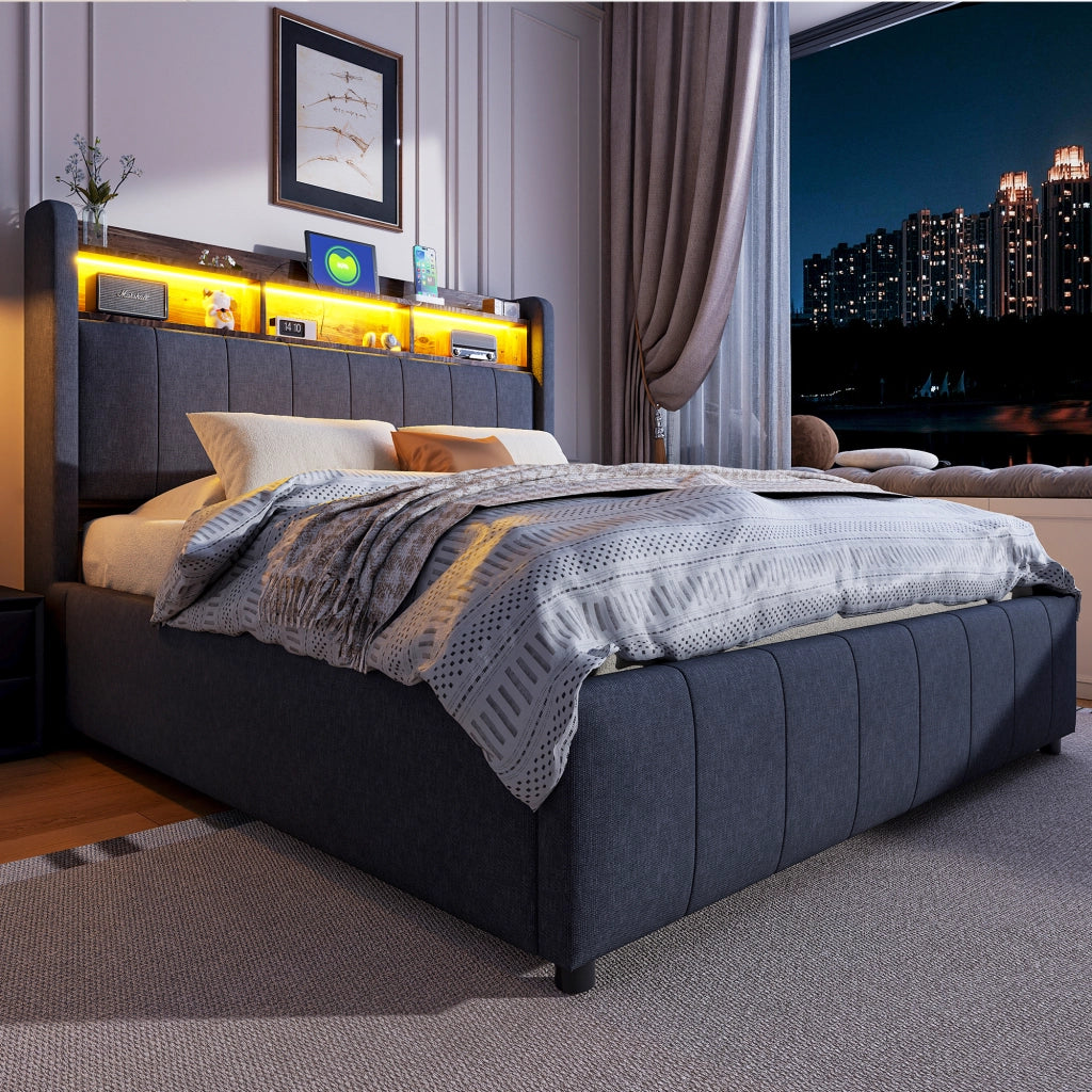 Letto matrimoniale imbottito 140 × 200 cm contenitore con LED USB e Type-C in tessuto di lino grigio