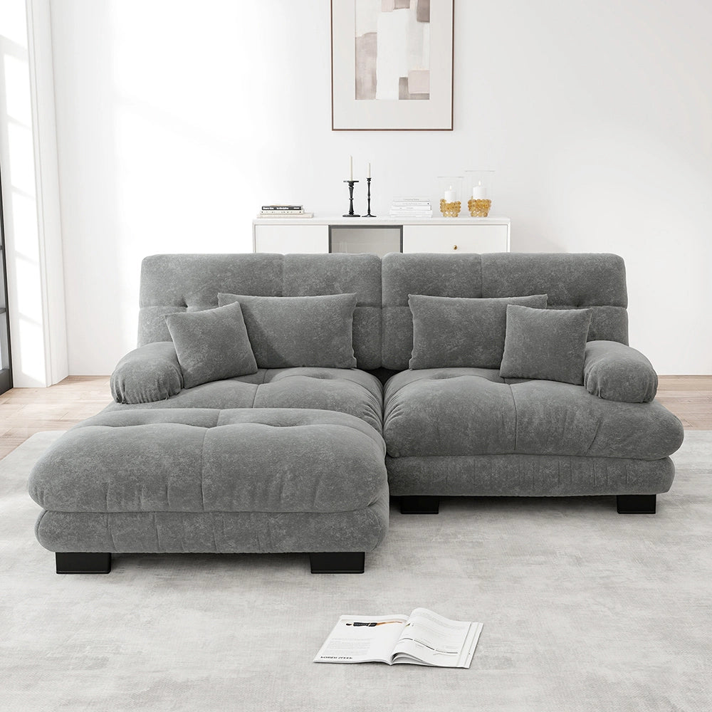 Divano angolare Cloud - Xylo - 2 posti in chenille con ampi braccioli e pouf, grigio