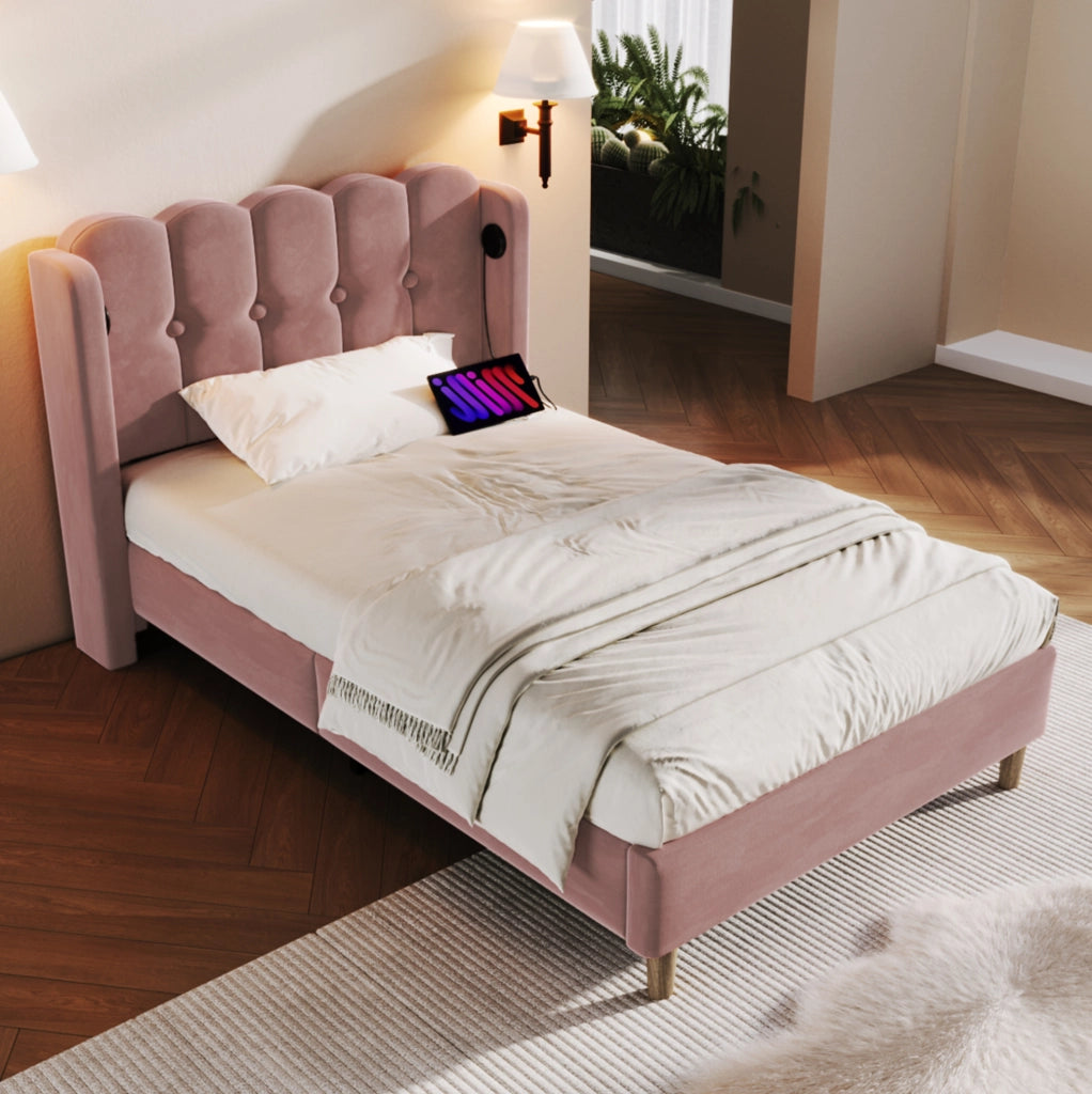 Letto singolo imbottito rosa 90x200 cm con USB e USB-C