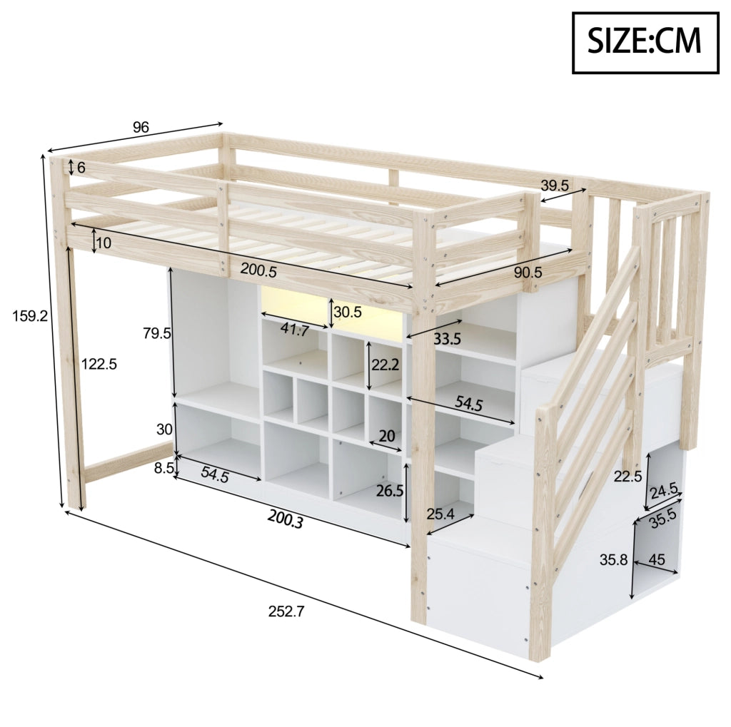 Letto a soppalco 90×200 cm con armadio, ripiani, scala contenitore e LED