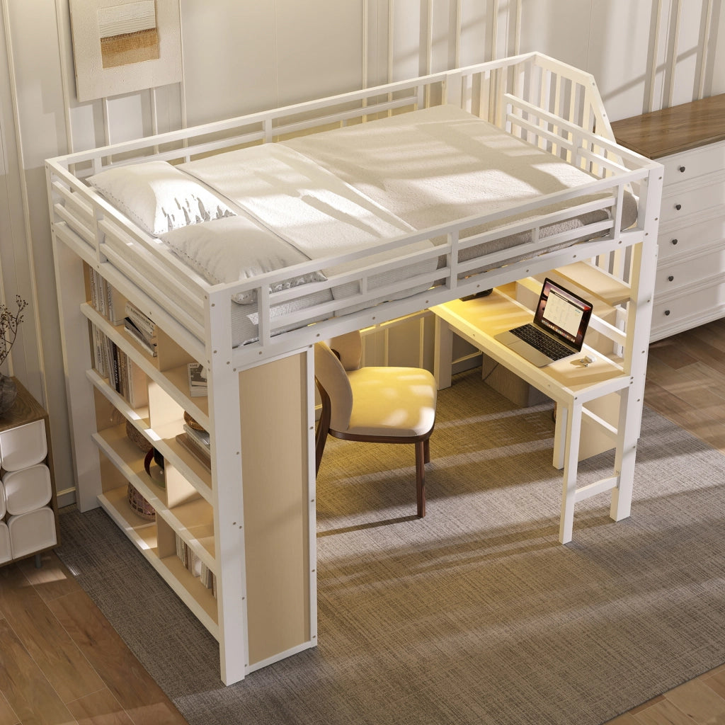 Letto a Soppalco con Scrivania e LED ¨C MINIMAL ¨C Bianco, 140x200, Metallo