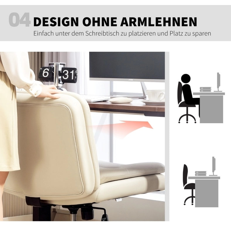 Sedia da ufficio armless con rivestimento in ecopelle beige, regolabile in altezza e con ruote