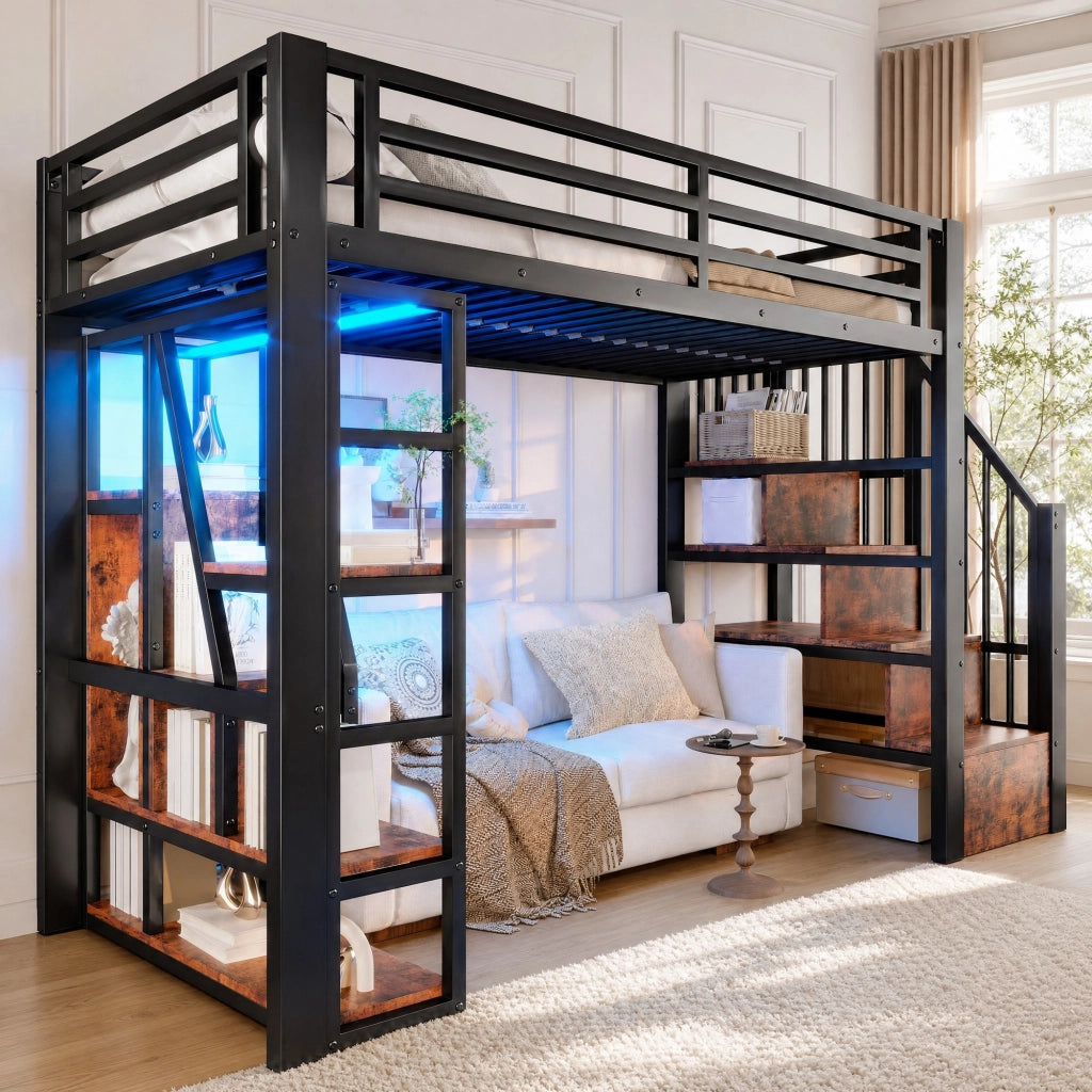 Letto a soppalco 90x200 cm con LED, scale contenitore e ripiani
