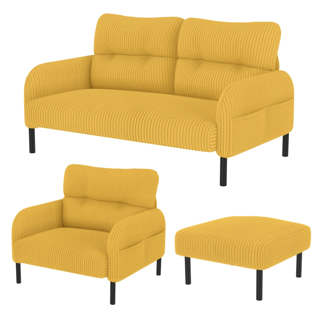 Set salotto 3 pezzi in corda giallo: divano 2 posti, poltrona e pouf con tasca laterale