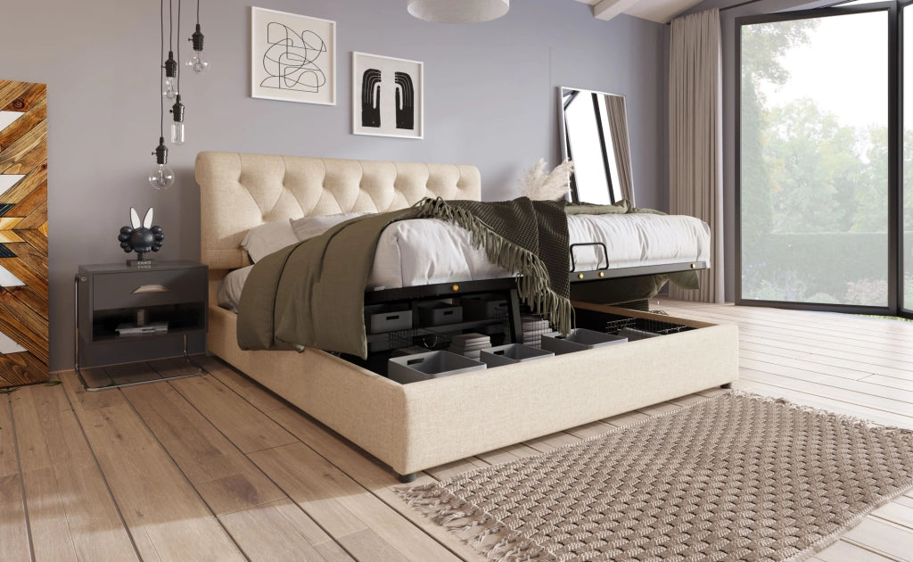 Letto matrimoniale idraulico 160x200 cm con testiera regolabile, struttura in metallo e legno, contenitore integrato, colore naturale, con materasso a molle