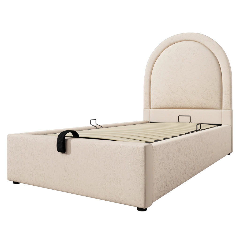 Letto imbottito singolo 90×200 cm con contenitore e rete sollevabile; materasso incluso; PU; beige