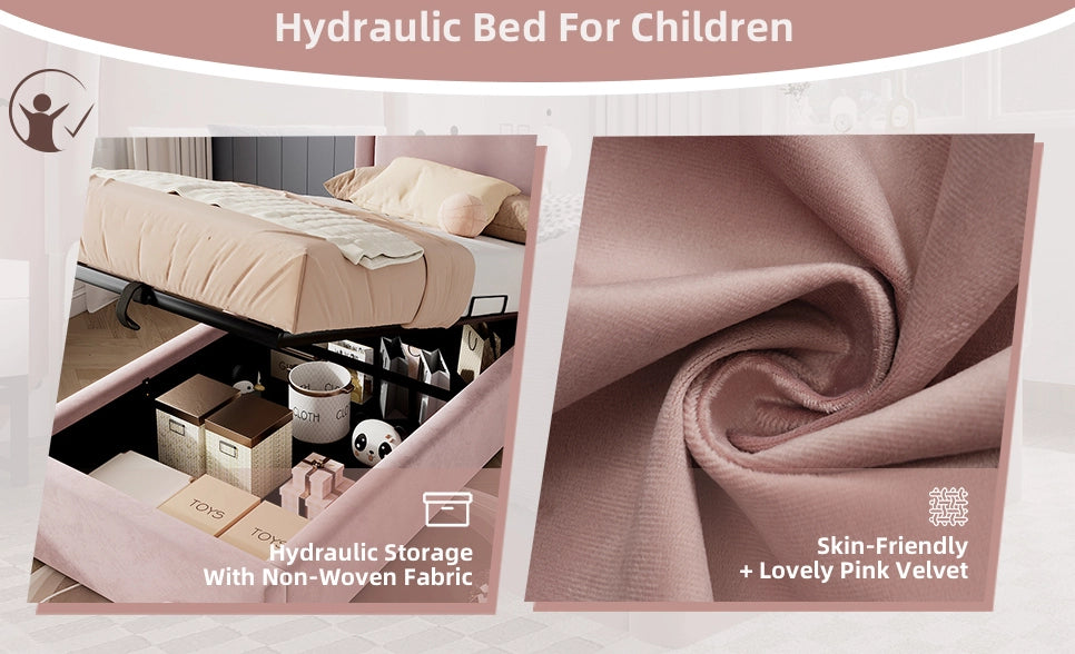 Letto singolo per bambini 90x190 in velluto rosa con contenitore， senza materasso
