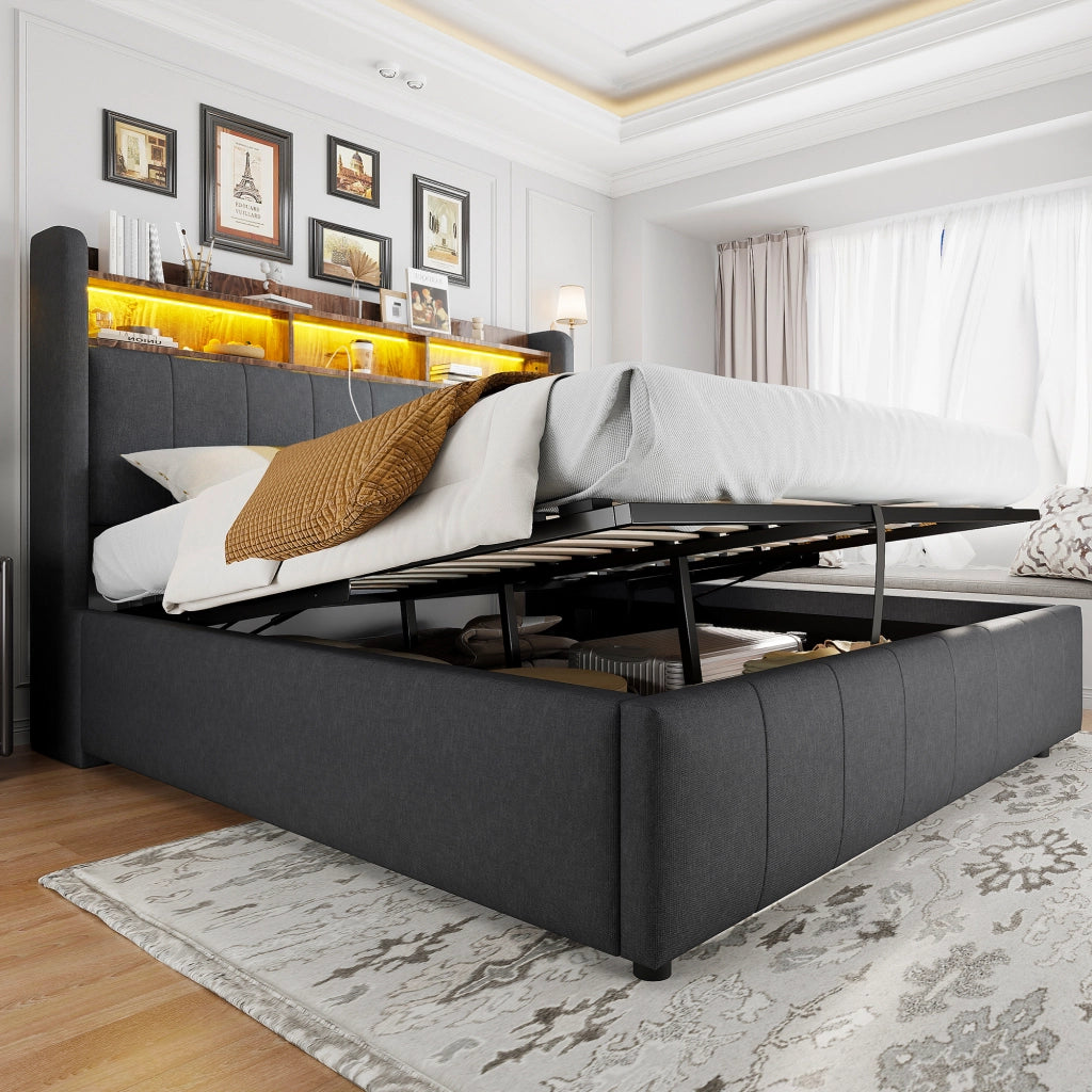 Letto matrimoniale imbottito 160 × 200 cm con LED USB Type-C contenitore idraulico in tessuto di lino grigio