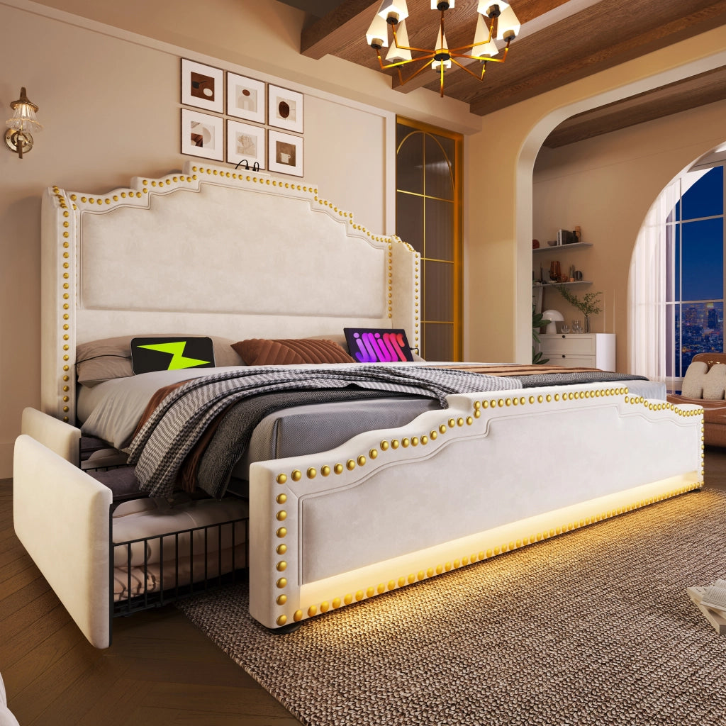Letto matrimoniale imbottito beige 160x200 cm con 4 cassetti