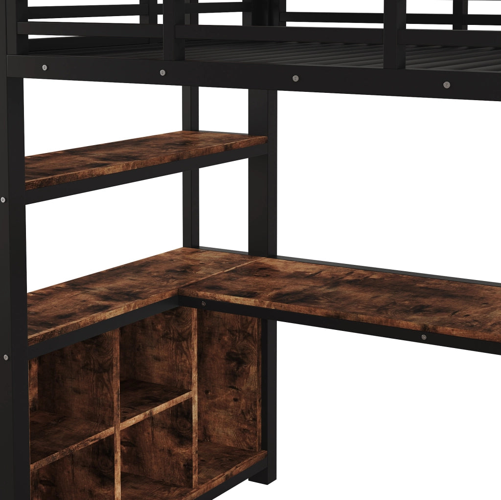 Letto a soppalco 90x200 cm con scrivania; appendiabiti; ripiani e vani contenitori; nero