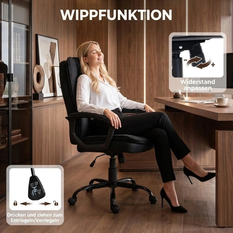 Sedia da ufficio ergonomica nera con doppio strato imbottito, altezza regolabile e braccioli