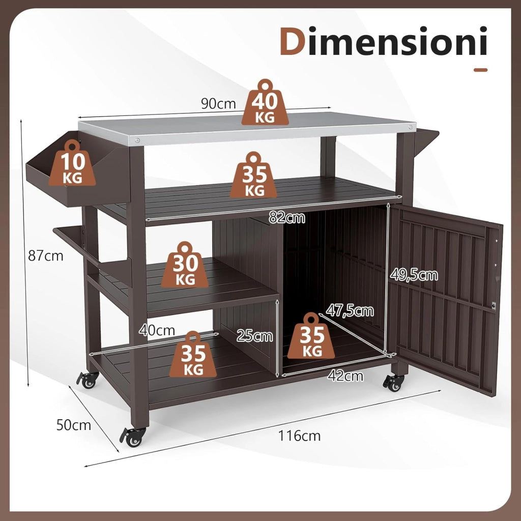 Carrello per Grill da Esterno, Carrello in Metallo con Armadietto, Ruote Bloccabili Universali, Ripiani e Piano in Acciaio Inox, Isola da Cucina per Barbecue, Festa e Campeggio