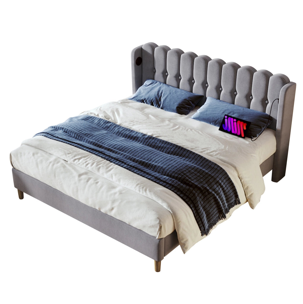 Letto imbottito grigio 180x200 cm con ricarica USB e Type-C