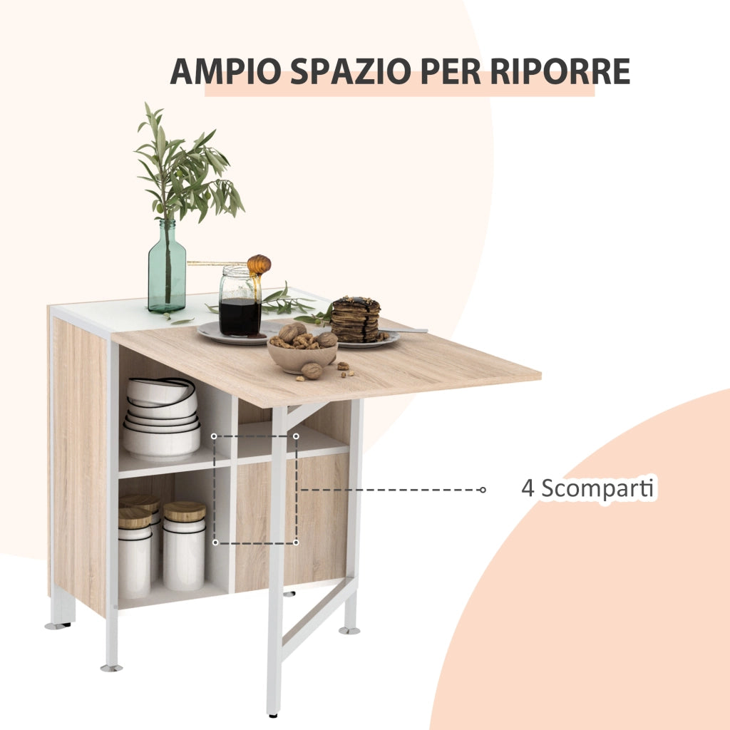 Tavolo da Pranzo Pieghevole per 4 Persone con Pannelli a Ribalta, Scrivania Richiudibile Salvaspazio con 4 Scompartimenti in MDF, per Sala da Pranzo, Soggiorno, 169x60x75 cm, Rovere e Bianco