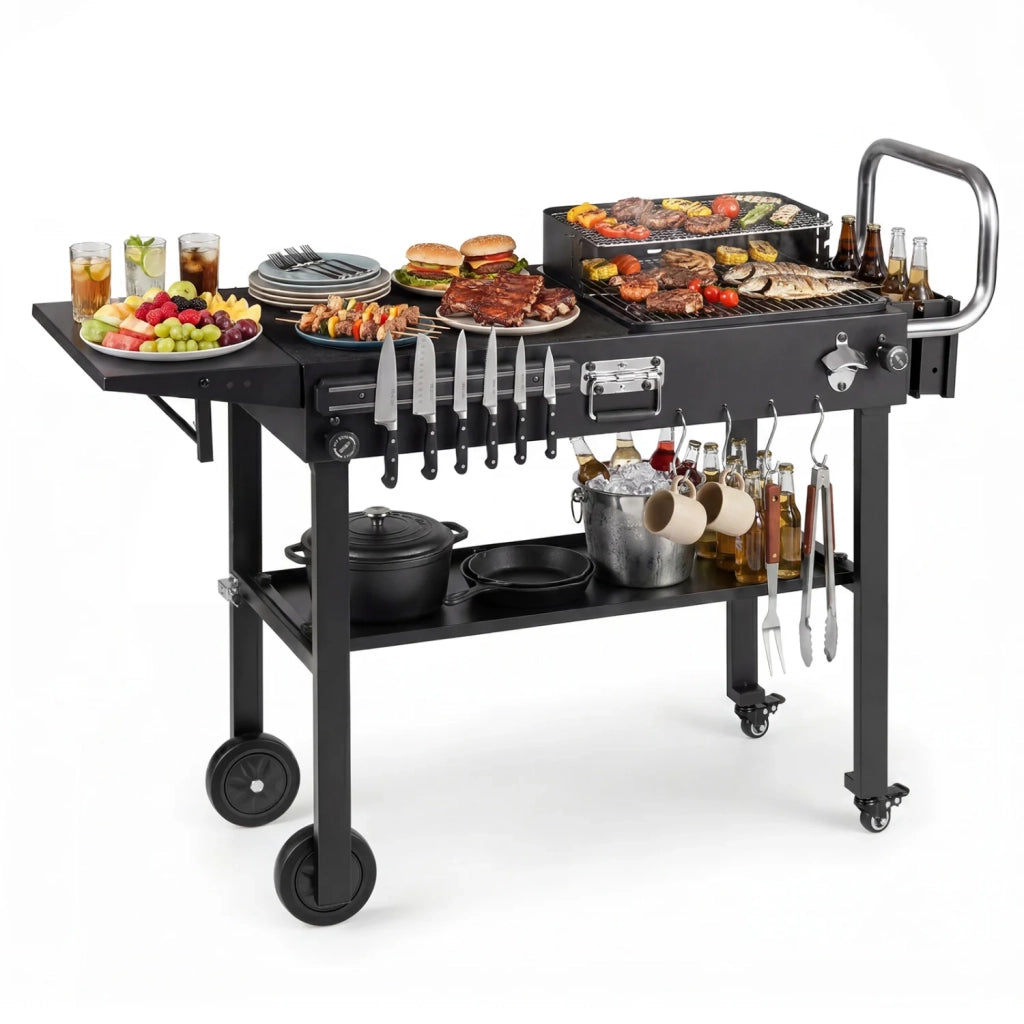 Carrello Barbecue Pieghevole da Esterno Tavolo per Griglia in Metallo Zincato con Ruote e Ripiani