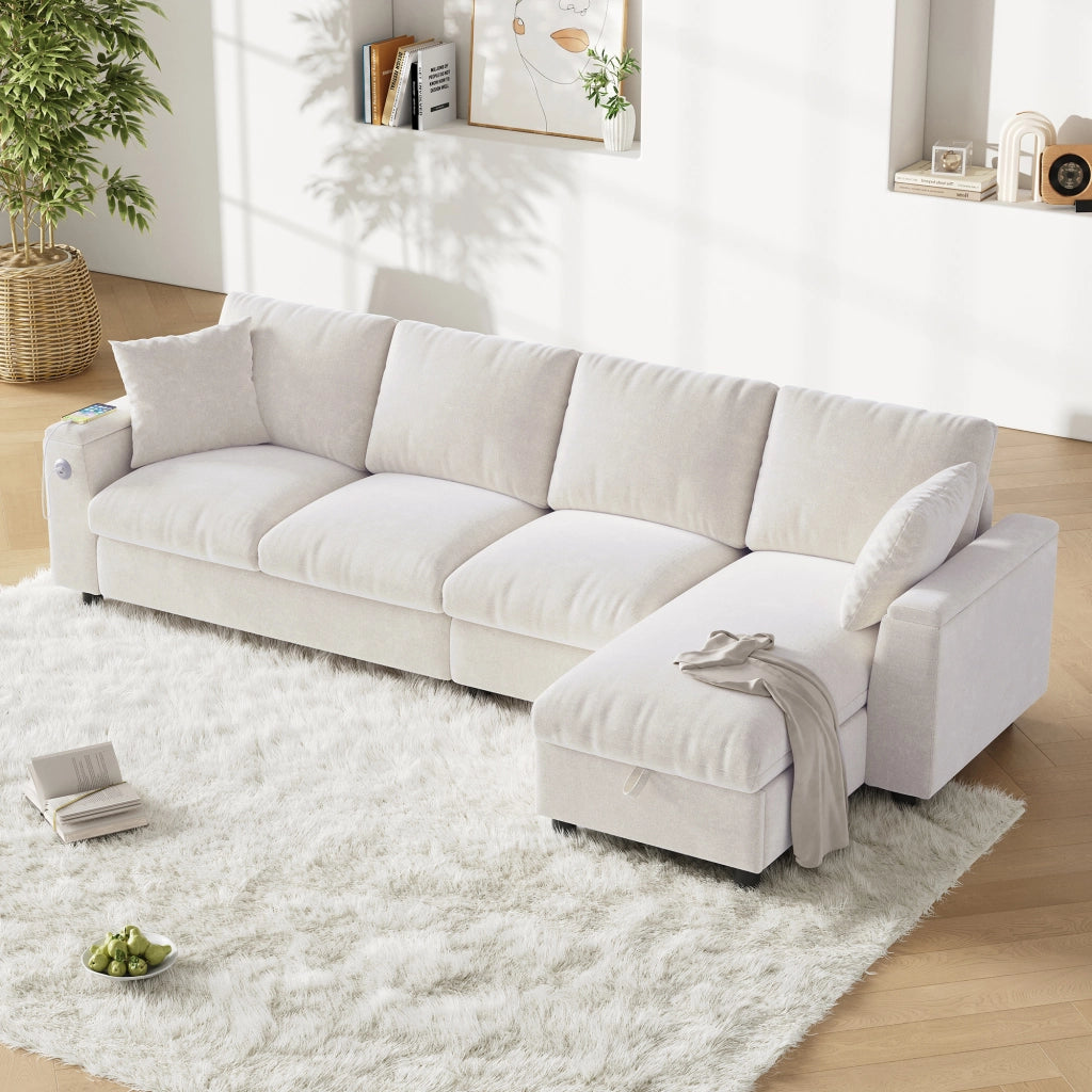 Divano angolare letto in ciniglia beige con chaise longue reversibile tavolino ribaltabile e vani 84 × 280 × 137 cm