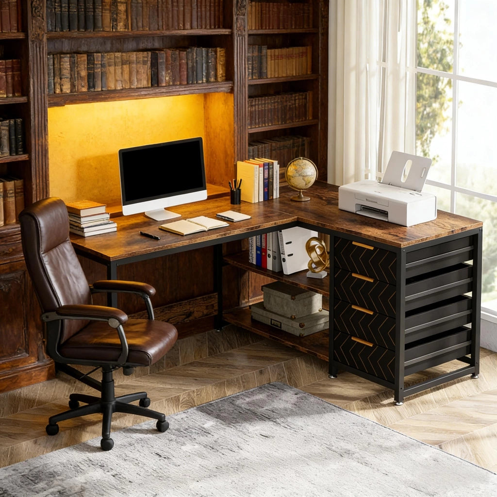 Scrivania angolare reversibile con 4 cassetti e 2 ripiani, stile industriale, per studio e ufficio, nero e marrone