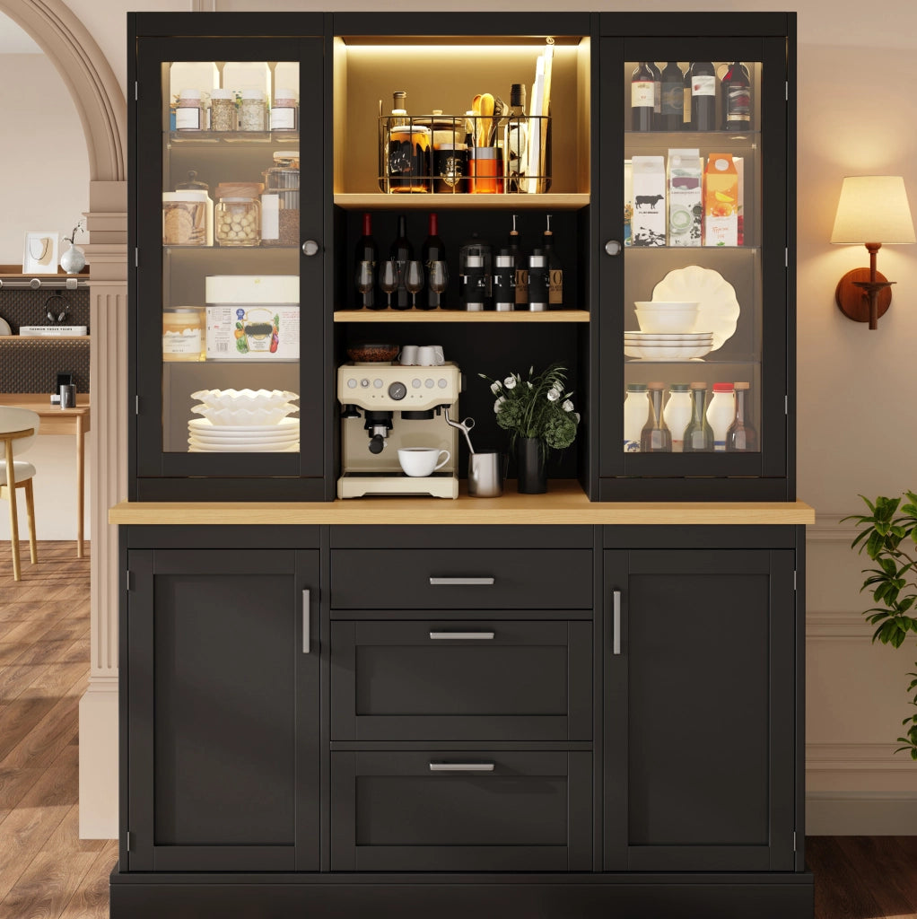 Mobile cucina ULEVR 140x40x185 cm con 3 cassetti, ripiani regolabili, LED RGB con app e piano di lavoro nero