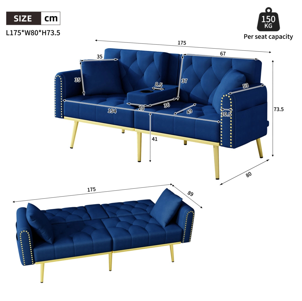 Divano letto multifunzionale in velluto blu con schienale regolabile e portabicchieri