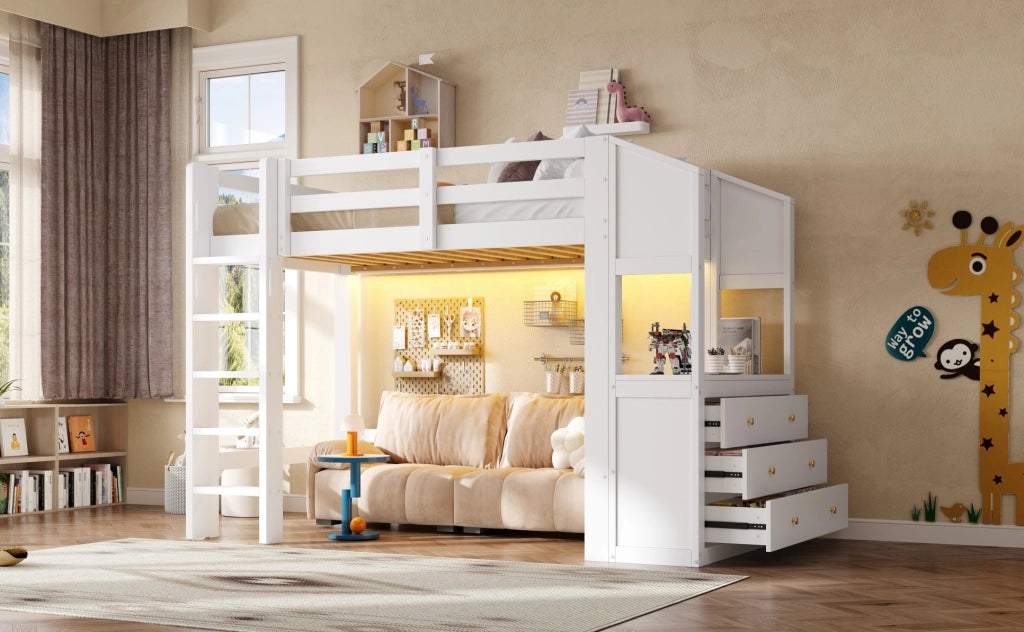 Letto a soppalco 90x200 cm con 6 cassetti e scaffali, illuminazione LED, bianco